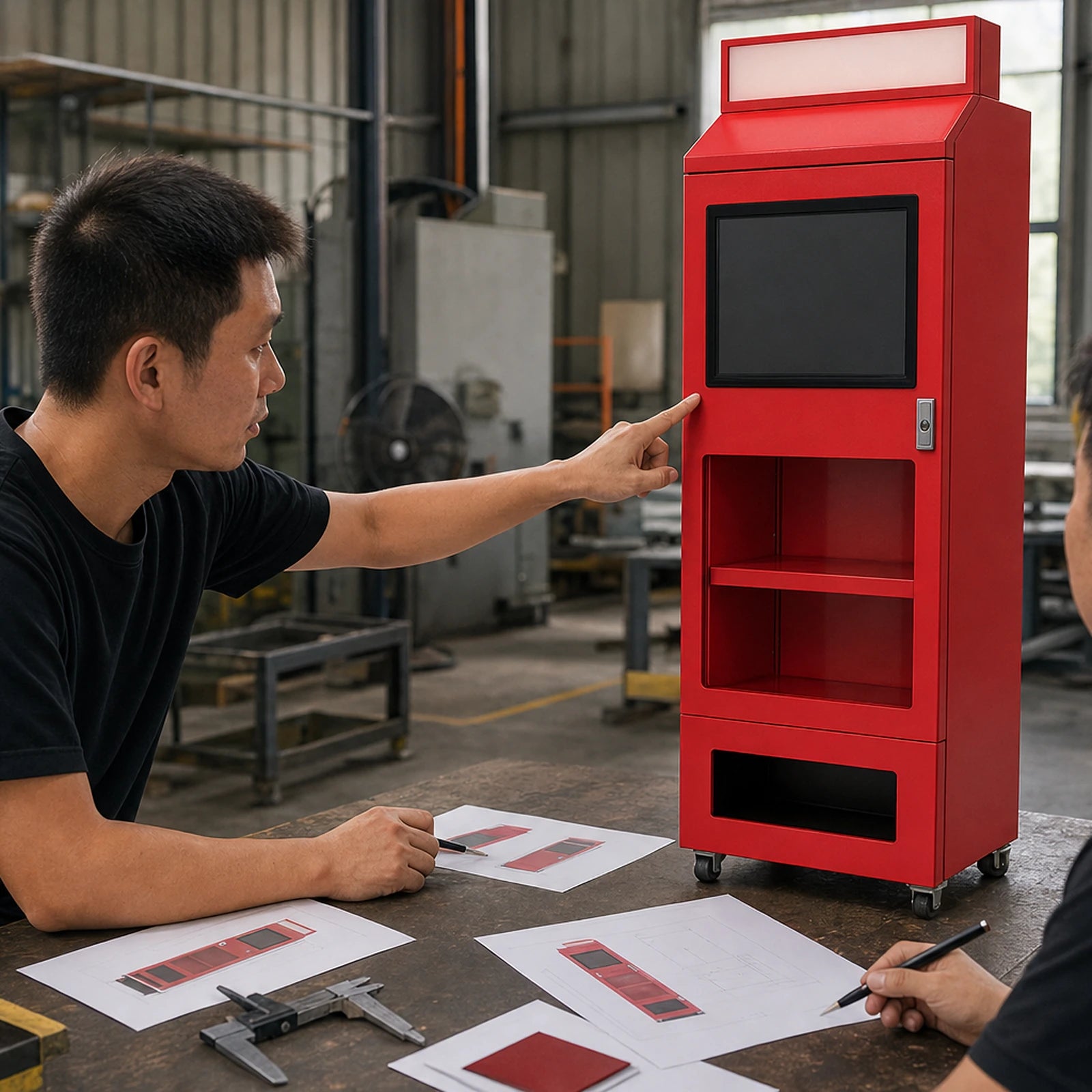 Industrial design review of a red vending cabinet