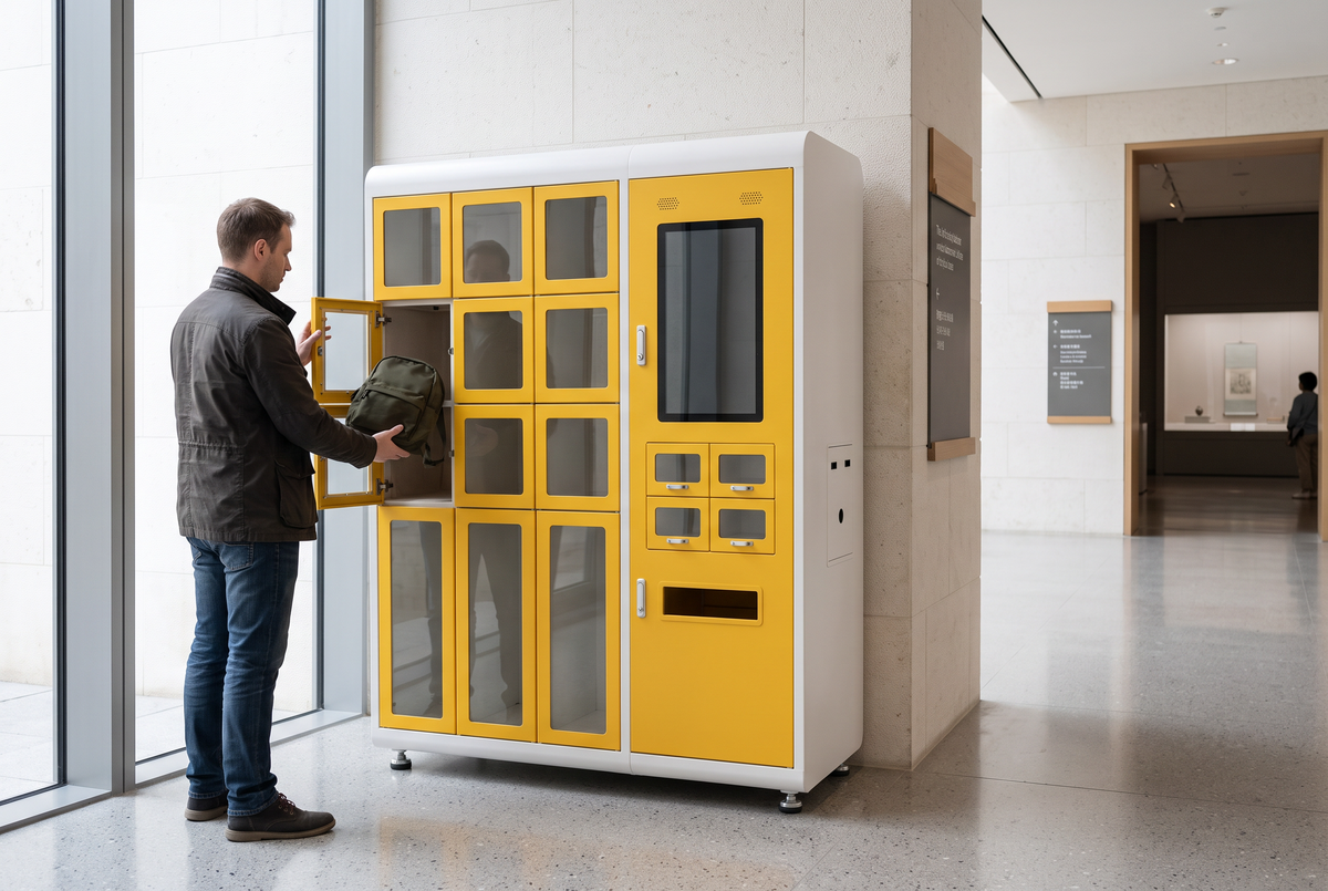 SmartVendBox incense vending machine in a heritage courtyard