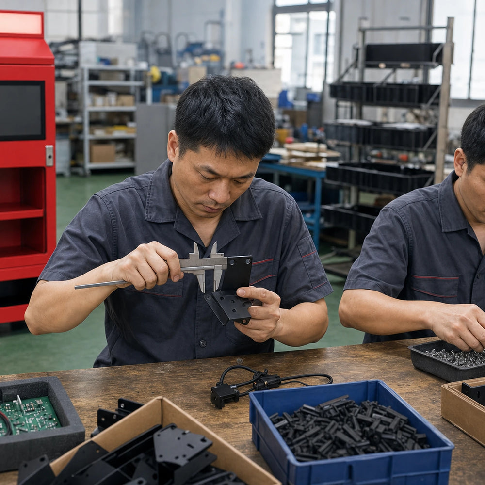SmartVendBox production team inspecting vending machine components