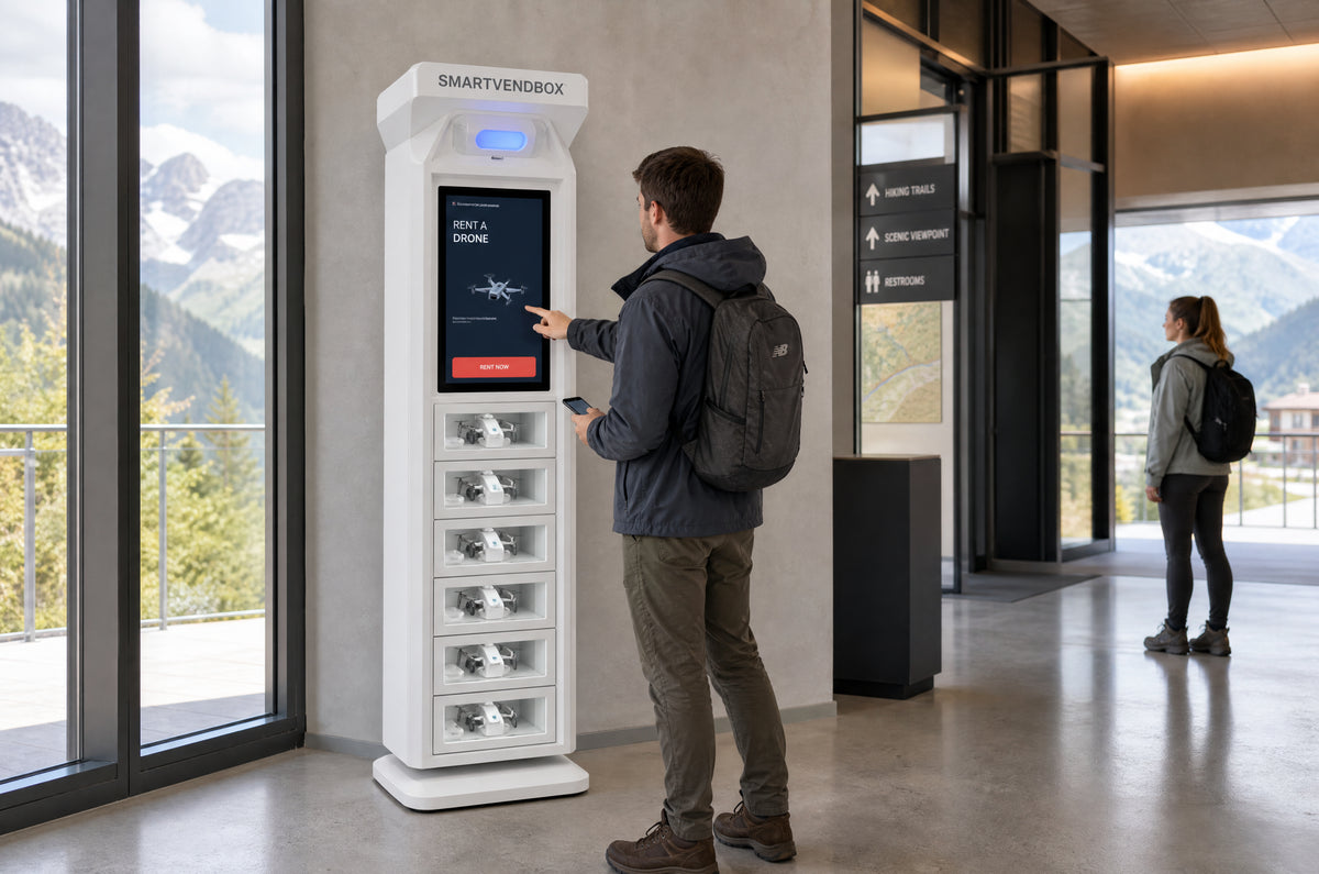SmartVendBox emergency supplies kiosk at an outdoor rafting base