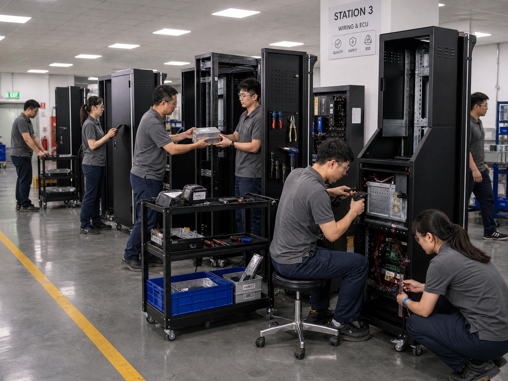 SmartVendBox production team inspecting vending machine components