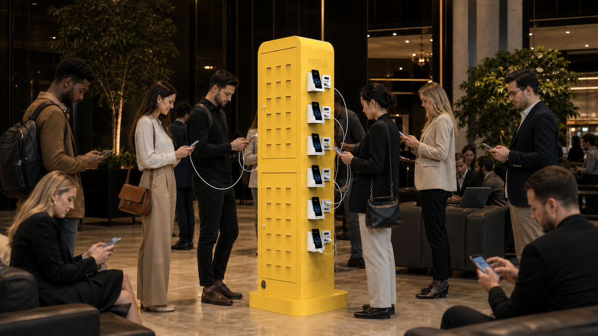 Visitors using a self-service phone charging station