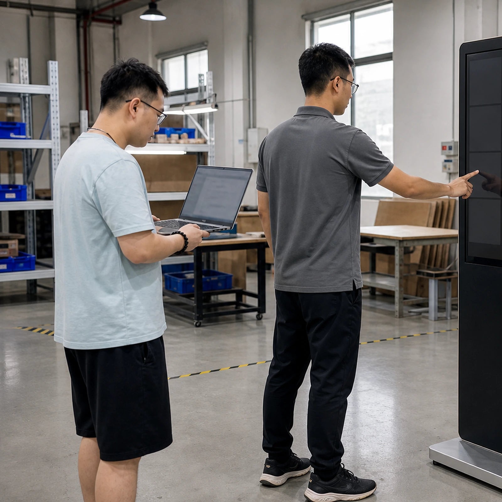 SmartVendBox engineers reviewing a custom kiosk touchscreen